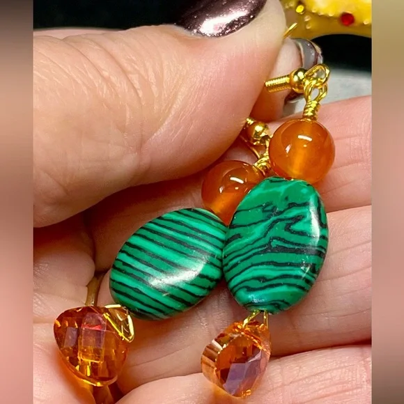 Dyed malachite and bright orange Swarovski crystal earrings on Sterling - Picture 7 of 8